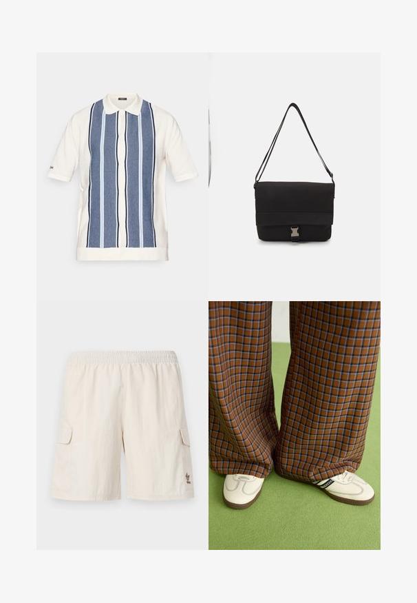 Polo de manga corta en crema con diseño de rayas azules. Presenta un cierre de botones en el frente y un cuello clásico. Fabricado en un tejido texturizado.; Pantalones cortos tipo cargo beige con una cintura elástica, dos bolsillos laterales y un pequeño logo en la parte inferior derecha. Tela suave y ligera.; Pantalones de pata de elefante de cuadros marrones y azules combinados con zapatos blancos con detalles en negro y suelas texturizadas, sobre un fondo verde.; Bolso mensajero negro hecho de material suave, con solapa plegable, herraje de cierre plateado y correa de hombro ajustable.