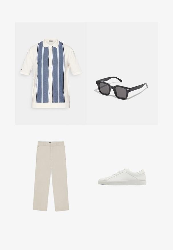 Short-sleeve polo shirt in cream with blue striped design. Features a button-up front and a classic collar. Made from textured fabric.; Beige wide-leg pants with a smooth texture, featuring belt loops, two front pockets, and a zip fly closure. Minimalist design.; White leather sneaker with rounded toe, flat outsole, and minimalistic design. Features six eyelets and a subtle seam detail on the side.; Black rectangular sunglasses with dark lenses, featuring a thick frame, subtle accents on the sides, and no visible logos beyond the brand name.; Silver stainless steel watch with a black dial, marked hour indicators, date display, and water resistance up to 50 meters.