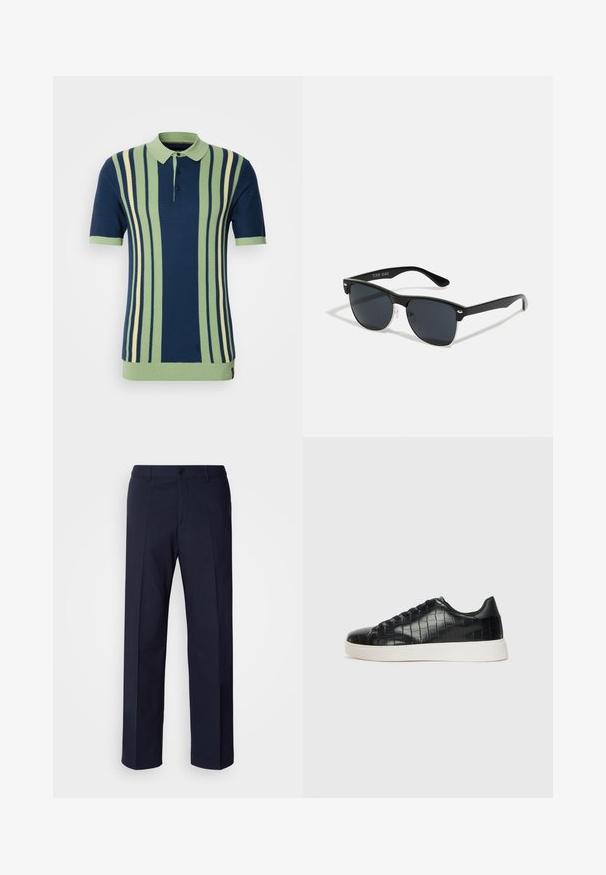 Kurzarm-Polohemd mit horizontalen Streifen in Marineblau, Hellgrün und Creme. Gerippter Kragen und Bündchen; mit Knopfleiste auf drei Knöpfen.; Marineblaue Hose mit geradem Bein, aus glattem Stoff mit Vorderfalten und einem einzelnen Knopfverschluss.; Schwarze Sneakers mit einer strukturierten, krokodilPrägung aus Leder, runder Zehenpartie und einer kontrastierenden weißen Gummisohle mit glatter Oberfläche.; Schwarze Sonnenbrille mit rechteckiger Form, dunklen Gläsern, silbernen Akzenten an den Bügeln und mattierter Oberfläche des Rahmens.