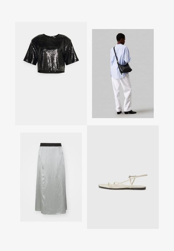 Juodas trumpas viršus su trumpomis rankovėmis, pagamintas iš blizgučių audinio, pasižymintis lygia tekstūra ir apvaliu kaklu.; Sidabrinė satino maksi sijonas su juodu elastingu juosmeniu, pasižymintis lygiu tekstūru ir šoninėmis siūlėmis, užtikrinančiomis pritaikytą figūrą.; Bežiniai plokšti sandalai su keliais lieknais dirželiais ir reguliuojamu užsegimu. Padas plokščias, su lengvu tamsiu kontrastu krašte.; Juodas odinis petinis krepšys su minkšta tekstūra, trikampiu pavidalu ir reguliuojama juosta, derinamas su šviesiai mėlynu dryžuotu marškinėliu ir baltais džinsais.