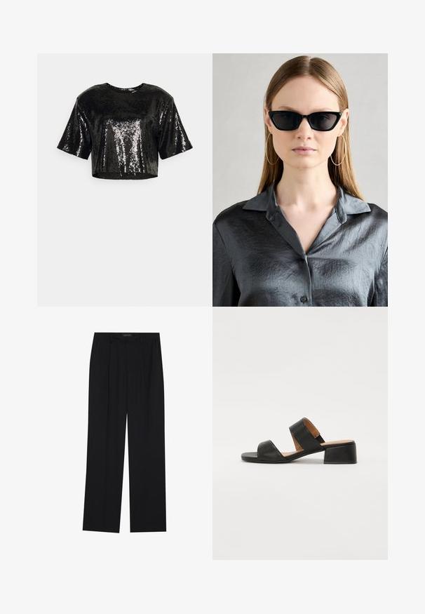 Must have lühikeste varrukatega must lühiülikond, valmistatud sädelevast kangast, millel on sile tekstuur ja ümar kaelus.; Mustad püksid sirgjoonelise disainiga, millel on kaks esist taskut ja muudatus. Valmistatud siledast, kergekaalulisest kangast.; Must must sandaalid musta nahaga, kellel on kaks laia rihma üle jala, ruudukujuline varvas ja madal ploki konts. Sile tekstuur ja minimaalne disain.; Mustad musta kassi silmadega päikeseprillid, millel on läikiv viimistlus, kanda tekstuuriga halli nööpidega särgis, millel on krae. Suured rõngassegavad kõrvarõngad on nähtavad.