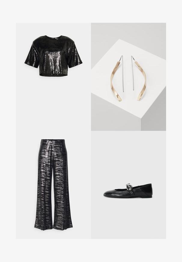 Must have lühikeste varrukatega must lühiülikond, valmistatud sädelevast kangast, millel on sile tekstuur ja ümar kaelus.; Mustad laiad püksid läikiva sädelevate detailidega ja lainelise mustriga. Kõrge vöökoht, voolav siluett ja sile pind.; Mustadest nahast balleti kingad terava varbaga, millel on rihm ümmarguse metallist pandlaga ja lame tald.; Kulla- ja hõbedased ripatsid kõrvarõngad, millel on kõver, piklik kuju. Läikiv viimistlus koos sujuva tekstuuri ja minimalistliku kujundusega.