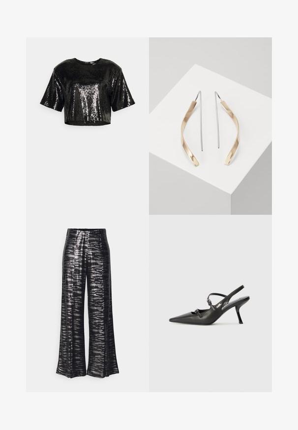 Zwarte cropped top met korte mouwen, gemaakt van sequined stof, met een gladde textuur en een ronde halslijn.; Zwarte wijdneppants met een glanzende pailletten structuur en een golvend patroon. Hoog taille ontwerp, vloeiende silhouette en een soepele afwerking.; Zwarte leren slingback hakken met een spitse neus, slanke hak en decoratieve gespdetails op de bovenkant. Gladde textuur en een strakke uitstraling.; Gouden en zilveren drop oorbellen met een gebogen, langwerpige vorm. Glanzende afwerking met een gladde textuur en een minimalistisch ontwerp.