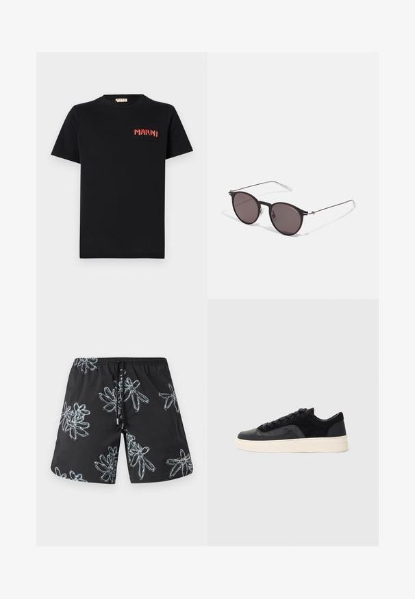 Černé bavlněné tričko s čtvercovou kapsou a červeně vyšívaným textem "MARNI". Kulatý výstřih a krátké rukávy, klasický střih.; Černé plavecké šortky s lesklým květinovým vzorem ve světle šedé. Elastický pas se šňůrkou a logo detail na dolní pravé straně.; Černé tenisky s kombinací hladké kůže a texturovaného semiše, s plochými šňůrami, kulatou špičkou a krémovou gumovou podrážkou.; Černé kulaté sluneční brýle s tmavými skly a tenkými kovovými nohami. Obsahují průhledné koncovky nožiček a stříbrné akcenty na pantu. Minimalistický design.