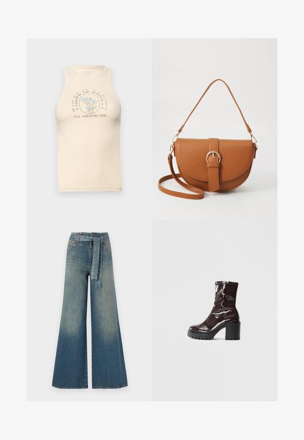 Bežna oprijeta majica z visokim ovratnikom in brez rokavov. Ima natisnjen cvetlični grafični vzorec in besedilo: "OKOLI TEBE JE LEPOTA."; Široke jeans hlače z gradientom od svetlo do temno modre, visokim pasom, zankami za pas in pasom iz istega materiala. Tekstura denim končnica.; Sijajan škrlatank z bleščečim videzom, z masivnim črnim peto, ki se ponaša z gladko teksturo in preprostim dizajnom. Brez vidnih zapenjal ali vzorcev.; Rjava usnjena torbica prek telesa s ukrivljeno obliko, zlate opreme in sponko. Ima odstranljiv naramni trak.