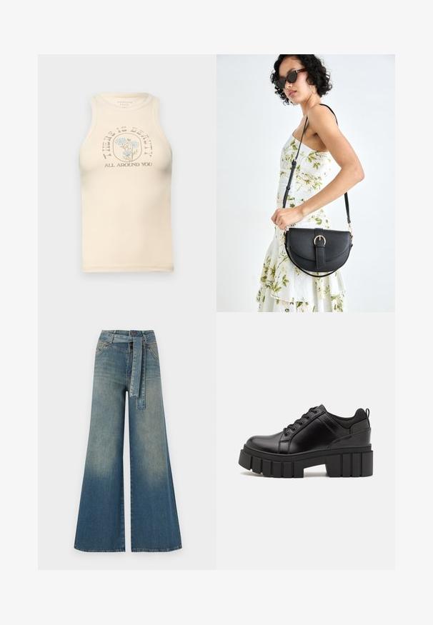 Beige tettsformet tanktopp med høy hals og uten ermer. Har et trykket blomsterdesign og tekst: "DET ER SKJØNNHET RUNDT DEG."; Bredde ben jeans med en lyseblå til mørkeblå gradient, høyt liv, beltehemper og et matchende belte i samme stoff. Teksturert denimoverflate.; Svarte lærplattformsko med kraftig blokkhell, rund tå og tradisjonell snøring. Har en jevn tekstur og minimal detaljering.; Svart lærveske med en buet form, avtagbar stropp og gullbeslag. Vesken har et klaff med spenne-detall.