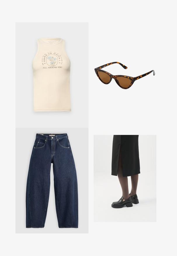 Beige aansluitend tanktop met een hoge halslijn en mouwloos ontwerp. Bevat een geprinte bloemenafbeelding en tekst: "ER IS MOOIHEID OM JE HEEN."; Donkerblauwe denim jeans met een losse fit, lichte stiksels, vijf zakken en een knoopsluiting op de taille.; Zwarte leren schoenen met een ronde neus, dikke blokhak en elastische zijkanten, gecombineerd met donkere panty's en een zwarte rok met een split.; Cat-eye zonnebril met een zwart en oranje schildpadframe, bruine lenzen en slanke, puntige uiteinden. Bevat een minimalistisch logo op de poot.; Kleine crèmekleurige handtas met een textuurafwerking, een lange verstelbare schouderband, een kettingaccent en een klepsluiting. Gouden hardware-details.