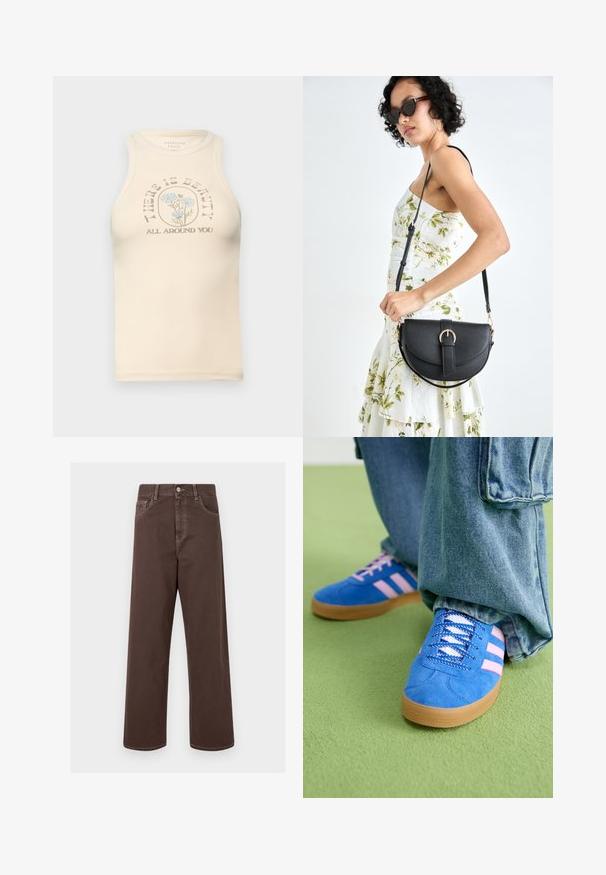 Beige aansluitend tanktop met een hoge halslijn en mouwloos ontwerp. Bevat een geprinte bloemenafbeelding en tekst: "ER IS MOOIHEID OM JE HEEN."; Bruine wijde denim broek met contrasterende stiknaden, vijf zakken en een metalen knoopsluiting. Soepele textuur, rechte snit.; Blauwe suède schoenen met roze strepen en witte veters, voorzien van een gumrubberen zool, gecombineerd met losse denim broek op een groene ondergrond.; Zwarte leren handtas met een gebogen vorm, afneembare schouderband en gouden hardware. De tas heeft een klep met een gespsluiting.