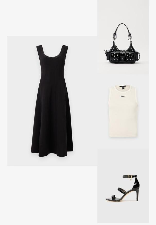 Világos bézs, bordázott pántos felső, kerek nyakkivágással és ujjatlan kialakítással. Az elején egy kis kék logó található.; Fekete ruha tág nyakú kivágással, ujjatlan kialakítással és bővülő A-vonalú sziluettel. Vertikális varrási részletekkel a struktúra érdekében.; Fekete lakk bőr szandál három pánttal, bokapánttal és 10 cm magasságú tűsarokkal. Arany színű részletekkel és logó charm-mal rendelkezik.; Fekete bőr kézitáska ívelt designnal, ezüst szegecsekkel, csattal és két oldalsó zsebbel. Állítható vállpánt a hordozási lehetőségekhez.