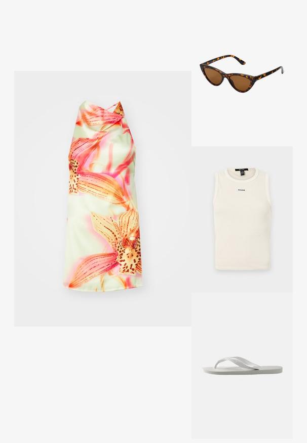 Top de culoare bej deschis, cu dungi, cu un guler rotund și fără mâneci. Prezintă un mic logo albastru pe față.; Rochie halter florală cu un fundal verde deschis, având flori vibrante de culoare roz și portocalie, textură netedă și o cădere elegantă.; Cizme flip-flop albe cu o talpă texturată și două curele subțiri. Curelele sunt netede, cu o branding subtil. Fără modele sau accente suplimentare.; Ochelari de soare în stil cat-eye, cu o ramă din material cu tortoiseshell negru și portocalie, lentile maro și vârfuri elegante, ascuțite. Prezintă un logo minimal pe brățara ochelarilor.