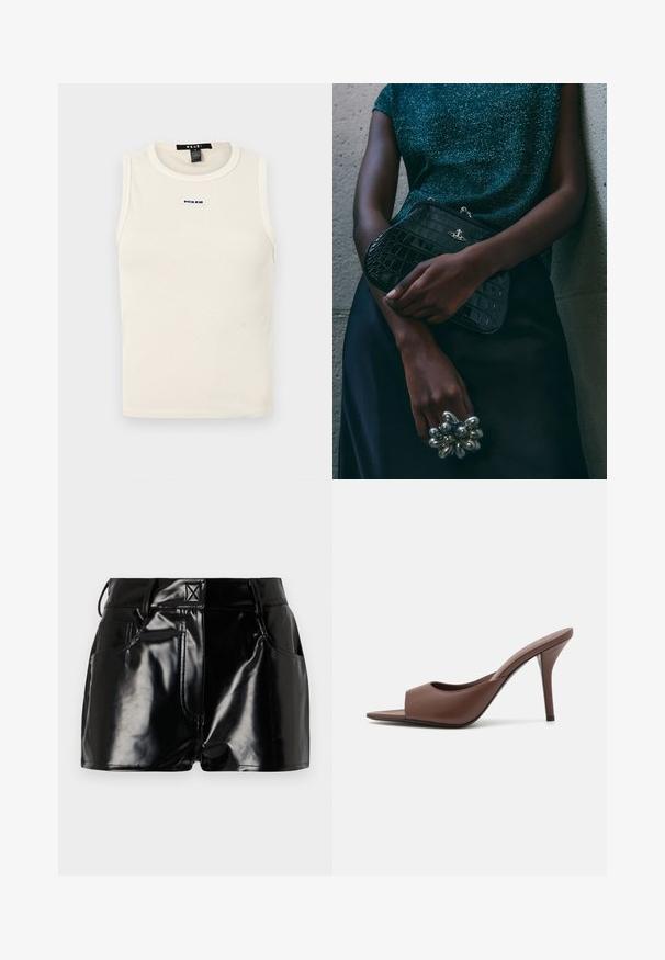 Hele beež ribadega tank top, millel on ümmargune kaelus ja ilma varrukateta disain. Ees on väike sinine logo.; Mustad, läikivad lühikesed püksid sünteetilisest materjalist. Omab kitsast piha, vöölõike ja esimesi taskuid, millel on silmapaistvad õmbluse detailid.; Pruunid nahast avatud varvastega kõrged kontsad, millel on stiilne disain, laia eesrihma ja peene stilettokontsaga.; Must musta tihe-must reptiili nahast pidulik kott hõbedaste detailidega, mille taustal on tekstuuriline hall taust. Omab läikivat pinda.