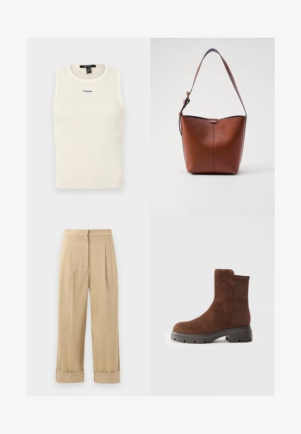 Ljusbeige ribbad tanktop med rund halsringning och ärmlös design. Har en liten blå logotyp på framsidan.; Beiga, vida byxor med två framvikningar, rullade fållar och en slät textur. Tillverkade av lättviktsmaterial, vilket ger en avslappnad passform.; Brun mocka ankelboot med elastiska sidopaneler, rund tå, och en tjock gummisole med en texturerad mönster.; Brun läderaxelväska med en böjd form, slät yta och ett enda tunt band. Har en subtil söm och en liten logotypdetalj.