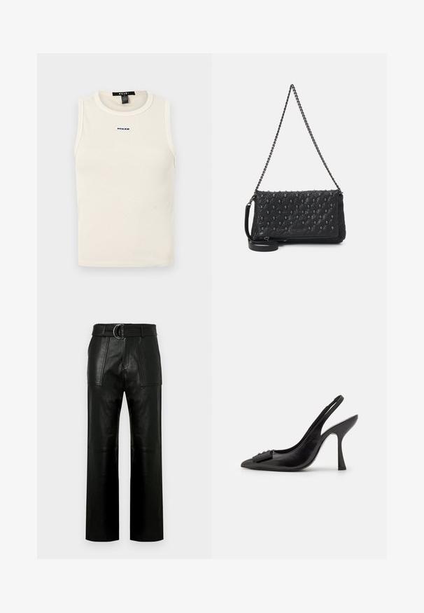 Svetlo béžový rebrovaný tielko s okrúhlym výstrihom a bezrukávovým dizajnom. Na prednej strane sa nachádza malé modré logo.; Vysoké čierne kožené nohavice s širokými nohavicami, veľkými prednými vreckami a zodpovedajúcim opaskom s dvojitým krúžkovým sponou.; Čierne kožené šľapky so špicatou špičkou, úzkym vysokým opätkom a dekoratívnou mašľou. Hladká textura a elegantný dizajn.; Čierna prešívaná kožená taška s reťazovým popruhom, zdobená akcentmi lebky a so zipsovým uzatváraním. Textúrovaný povrch s lesklým povrchom.