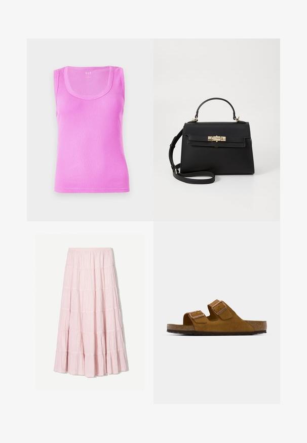 Light pink ribbed tank top with a rounded neckline, sleeveless design, and a fitted shape, made from stretchy cotton fabric.; Light pink, tiered maxi skirt made of a textured, lightweight fabric. Elastic waistband and flowing hem with ruffled accents.; Brown suede slide sandal with two adjustable straps, cork footbed, and a textured rubber sole. Minimalist design with no additional embellishments.; Black leather handbag with a structured design, top handle, detachable shoulder strap, and gold-toned hardware. Features a front clasp closure.