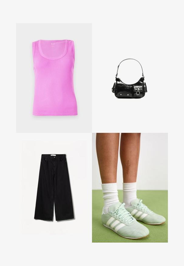Világos rózsaszín bordázott ujj nélküli top, lekerekített nyakkivágással és testhez simuló fazonnal, rugalmas pamut anyagból készült.; Bershka WIDE-LEG - Széles szárú - black; Mentazöld sportcipők fehér csíkokkal, sima bőr textúrával, kerek orral és gumitalppal, fehér bordázott zoknival párosítva.; Fekete lakkbőr kézitáska ívelt formával, egy vállpánttal, elülső zsebekkel és ezüstszínű fémrészletekkel.