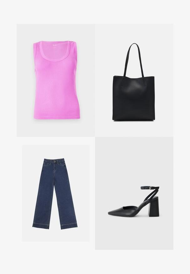 Heled roosa ribadega tiheda lõikega tank top, ümmarguse kaelusega, ilma varrukateta, valmistatud venivast puuvillast kangast.; Laiad püksid tumedast sinisest denimist. Omab viit taskut, vöölõke ja toore äärega allosas, kus on nähtavad õmblused.; Mustmustest must-käigukingad, millel on konksuga nöör ja paks konts. Ühtlane tekstuur, stiilne disain ja minimalistlik esteetika.; Mustast nahast kott sujuva tekstuuriga, ristkülikukujuline ja kahe pika sangaga. Pole nähtavat riistvara ega kaunistusi.