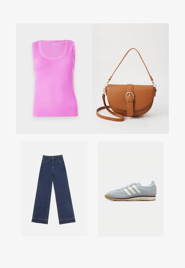 Camiseta sin mangas de color rosa claro, de canalé, con un escote redondeado y un diseño ajustado, fabricada en tela de algodón elástico.; Jeans de pierna ancha en denim azul oscuro. Presenta cinco bolsillos, trabillas para cinturón y un dobladillo sin acabados en la parte inferior con detalles de costura visibles.; Zapatilla de ante azul claro con tres rayas blancas, suela de goma y malla texturizada. Presenta una puntera lisa y un logotipo en el talón.; Bolso bandolera de cuero marrón con forma curvada, herrajes dorados y un acento de hebilla. Incluye una correa de hombro desmontable.