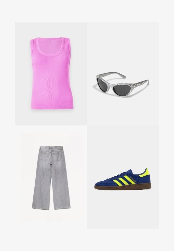Light pink ribbed tank top with a rounded neckline, sleeveless design, and a fitted shape, made from stretchy cotton fabric.; Bershka WIDE-LEG - Wide Leg - grey; Blue suede sneaker with yellow accents and three stripes; features a brown rubber sole and embroidered branding on the side.; Silver cat-eye sunglasses with dark lenses, embellished with clear gem accents along the frame. Matte finish with curved temple design.