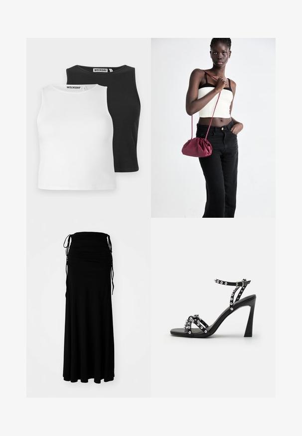 Zwei ärmellose, gerippte Tops in Weiß und Schwarz mit Rundhalsausschnitten und normaler Passform. Labels sind am Ausschnitt sichtbar.; Schwarzes, knöchellanges Kleid aus weichem, elastischem Stoff mit gekräuseltem Oberteil und verstellbaren Bindebändern an den Seiten, die eine fließende Silhouette kreieren.; Schwarze hochhackige Sandale mit einem breiten Riemen, Nietenakzenten und einem eleganten Design; verfügt über eine Schnallenverschluss und eine glatte Oberfläche.; Burgunderfarbene Handtasche aus weichem Stoff mit gerafftem Design und langem Trageriemen, quer über den Körper getragen. Das Modell trägt ein weißes Crop-Top und schwarze Jeans.