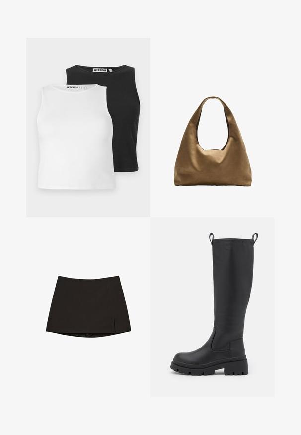 Dve brezrokavne rebraste majice v beli in črni barvi, s krožnimi izrezanimi ovratniki in redno prileganje. Oznake so vidne na ovratniku.; Črna mini krilo iz gladkega blaga, s preprostim ravnim krojem, stranskimi razporki in čistim zaključkom spodaj. Enostavno in vsestransko.; Črne škornje do kolen iz gladke usnja z masivnim podplatom in rahlim peto. Imajo zanke za potegniti in elastične stranske panele za enostavno obuvanje.; Brahna torba preko rame iz rjave tkanine s širokim, zaobljenim tijelom i velikim izrezanim ručkom. Meka tekstura, minimalistički dizajn i bez vidljivih metalnih dijelova.
