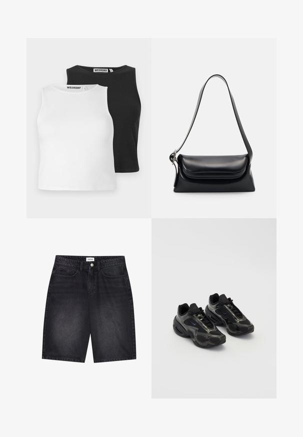 Twee mouwloze geribde tops in wit en zwart, met ronde necklines en een normale pasvorm. Labels zichtbaar bij de hals.; Zwarte denimshorts met een klassiek ontwerp. Met vijf zakken, gesloten met een knoop aan de voorkant en stiksel details. Soepele textuur en rechte snit.; Zwarte sportieve schoenen van synthetisch materiaal, met gaasaccenten en ronde zolen. Beschikt over een vetersysteem en een opvallend Nike-logo op de tong.; Zwarte leren handtas met een gestructureerde vorm, een gladde textuur en een enkele schouderband. Heeft een subtiele, afgeronde klepontwerp.; Zilverkleurige Casio kwarts horloge met rechthoekige wijzerplaat, analoge en digitale displays, roestvrijstalen band en waterbestendige eigenschappen.