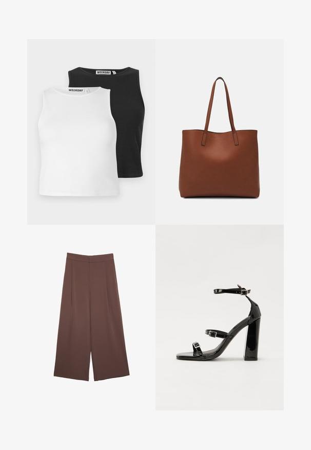 Due canotte senza maniche a costine in bianco e nero, con scollature rotonde e vestibilità regolare. Etichette visibili all'altezza dello scollo.; Pantaloni ampi marroni con una texture liscia, caratterizzati da una vita alta e pieghe frontali. Il tessuto è leggero e scorre liberamente.; Sandali con tacco in vernice nera, con punta squadrata, cinturini alla caviglia e fibbie in argento. Presentano un tacco a blocco spesso per maggiore stabilità.; Borsa tote in pelle marrone con texture liscia, design con apertura superiore e due spallacci. Presenta cuciture minime e nessun hardware visibile.