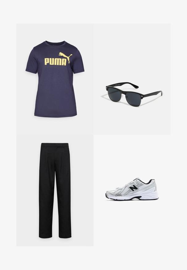 Námornícky modré bavlnené tričko s veľkým žltým logom "PUMA" a grafikou skáčiacej pumy na hornej ľavej strane. Krátke rukávy, kulatý výstrih.; Čierne nohavice vyrobené z hladkej tkaniny, s rovnými nohavicami, dvoma prednými skladmi a štandardným pásom s pútkami na opasok.; Strieborná atletická obuv s priedušným materiálom, čiernymi akcentmi, perforovaným dizajnom a polstrovanou bielou podrážkou. Obsahuje pútavé logo 'N'.; Čierne slnečné okuliare s obdĺžnikovým tvarom, tmavými sklami, striebornými akcentmi na bočných okrajoch a matným povrchom rámu.