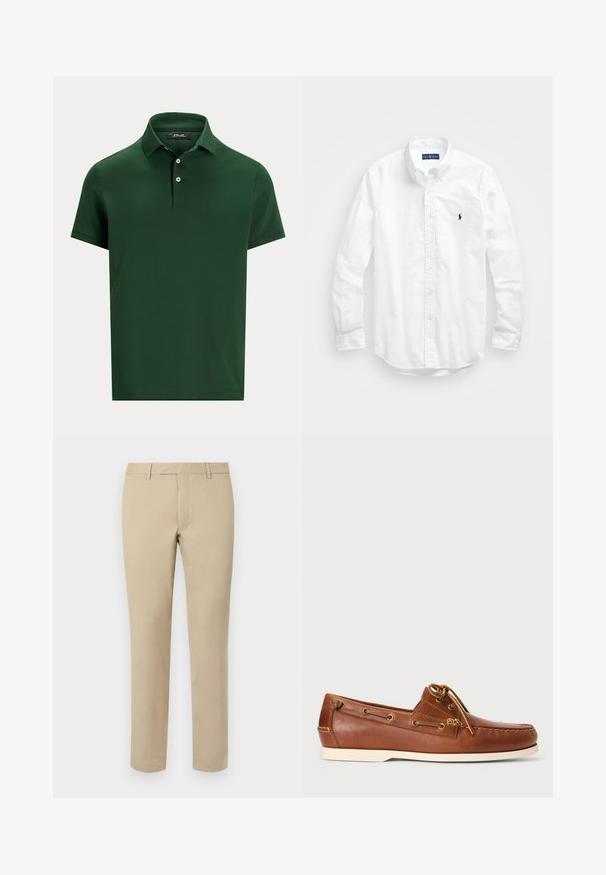 Ciemnozielona koszulka polo z krótkim rękawem, dwoma guzikami i kołnierzykiem, przedstawiona na jasnym, jednolitym tle.; Biała, bawełniana koszula z długim rękawem zapinana na guziki. Posiada klasyczny kołnierzyk, mankiety zapinane na guziki oraz małe, granatowe, haftowane logo na klatce piersiowej.; Beżowe spodnie bawełniane o prostym kroju, z paskami do pasa, gładkim przodem i wykończonymi nogawkami. Gładka tekstura i minimalne detale.; Brązowe skórzane buty żeglarskie z sznurowaniem, złotymi oczkami i kremową gumową podeszwą. Zaprojektowane z wypukłym wzorem szwów na czubku.