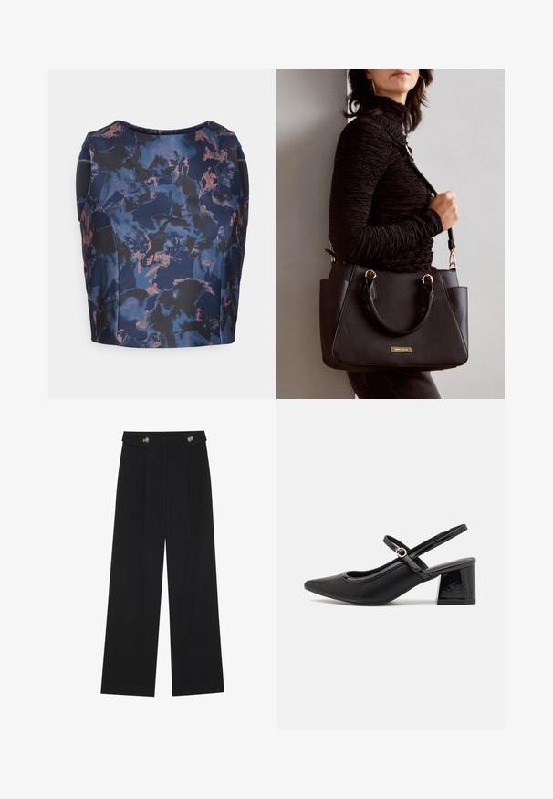 Marineblå og svart topp med blomsterdesign i nyanser av blått og fersken, med rund halsutskjæring og strukturert design.; Svart vide bukser med høy midje, knappdetaljer på midjebåndet og frontplisser.; Sorte lakk lær slingback hæler med spiss tå, et avrundet utskjæringsdesign og blokkheel. Har en gulltone spenne som detalj.; Svart håndveske med teksturert overflate, doble topphåndtak og justerbar skulderrem. Har detaljer i gulltone og sidelommer.