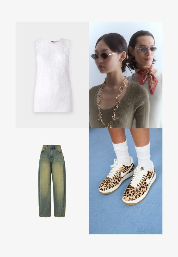 Bela brezrokavna majica z teksturiranim cvetličnim čipkastim vzorcem, z okroglim izrezom in ravnim krojem. Brez vidne opreme ali dodatkov.; Široke jeans hlače iz denima v svetlo modri barvi z zbledele teksturo. Imajo pet žepov in visok pas. Čista rob in subtilne šivane podrobnosti.; Teniske Nike Air Force 1 z leopardjim vzorom, belimi vezalkami in Swooshom, z tan barvnim gumijastim podplatom in teksturiranim zgornjim delom. Vidne bele crew nogavice.; Okrogle sončne očala s temnimi lečami in tankimi srebrnimi okvirji. Eden ima na sebi zlat verižico, medtem ko ima drugi rdeč šalom z vzorcem.