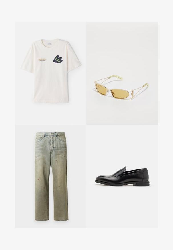 Krémové bavlněné tričko s grafikou temného vinylového disku se zelenými akcenty a zlatým textem na přední straně. Krátké rukávy, kulatý výstřih.; Odstřižené džíny v světle zelené barvě, se rovnými nohavicemi, pěti kapsami a nerovnoměrným vyblednutím s barevnými skvrnami.; Černé kožené polobotky s hladkou texturou, zaoblenou špičkou a zdobným páskem přes nárt. Nízký stohovaný podpatek, minimalistický design.; Sluneční brýle se žlutým nádechem, s průhledným zlatým rámem, štíhlým obdélníkovým tvarem a úhlovými nohami s světle zelenými akcenty.