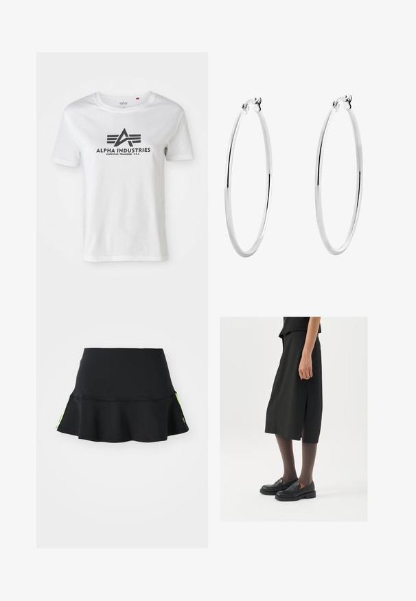 Lyhythihainen valkoinen puuvillapaita, jossa on musta printattu logo siipineen ja "ALPHA INDUSTRIES" -teksti, pyöreä kaula-aukko ja rento malli.; adidas Originals SKIRT - Minihame - black; Mustat polvenpituinen hame, jossa on sivuaukko, yhdistettynä mustiin loafer-kengiin ja ohuisiin ruskeisiin sukkahousuihin. Hameessa on sileä kangas ja yksinkertainen muotoilu.; Hopehope hopehope hopehope hopehope hopehope, joka on sileä ja kiillotettu pinta ja ohut, pyöreä muoto. Muotoilu sisältää turvallisen lukituksen.