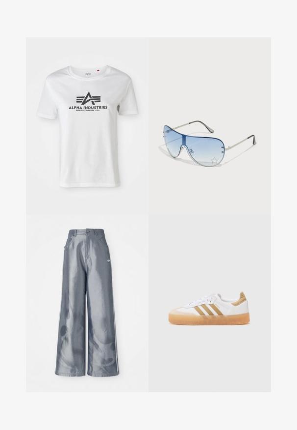 Short-sleeve white cotton t-shirt featuring a black printed logo with wings and “ALPHA INDUSTRIES” text, round neck design, and relaxed fit.; Wide-leg pants in shiny gray material, featuring white side stripes and a flame pattern on the lower legs. Button and zipper closure at the waist.; White sneaker with beige accents, featuring three stripes, a rounded toe, and a translucent gum sole. Smooth leather and textile materials.; Aviator sunglasses featuring a gradient blue lens, silver metal frame, and decorative star accents on the lens. Smooth and sleek design.