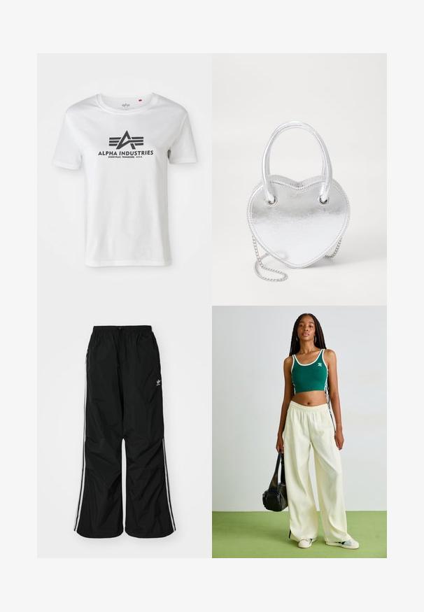 Bílé bavlněné tričko s krátkým rukávem, na kterém je černě tištěné logo s křídly a textem "ALPHA INDUSTRIES", kulatý výstřih a volný střih.; Černé větrovky kalhoty s elastickým pasem, šňůrkou, bílými bočními pruhy, volnější střih, s malým logem na levé straně.; Zelený zkrácený top s bílým lemem, v kombinaci s širokými krémovými kalhotami. Modelka drží malou černou tašku. Jednoduché tenisky.; Stříbrná metalická kabelka ve tvaru srdce s dvojitými uchy, řetízkem a hladkým povrchem. Obsahuje kovové prvky a prošívané okraje.