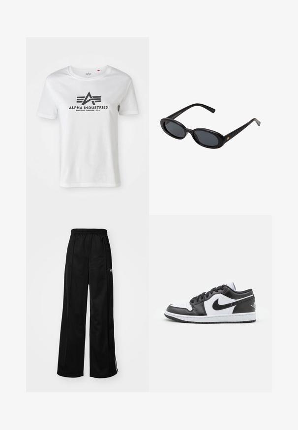 Camiseta de algodón blanca de manga corta con un logo negro impreso con alas y el texto "ALPHA INDUSTRIES", diseño de cuello redondo y corte holgado.; Pantalones de chándal negros de pierna ancha con cinturilla elástica, que cuentan con rayas laterales blancas y un pequeño logo en la cadera izquierda. Textura de tela suave.; Las zapatillas Nike de corte bajo en blanco y negro presentan un upper de cuero suave, puntera redonda, cierre con cordones y una suela de goma con patrón.; Gafas de sol grandes de color negro con lentes ovalados, montura de plástico suave y detalles dorados en las patillas. Los lentes oscuros ofrecen protección solar.