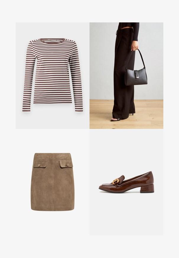 Brązowa i biała, w paski, long-sleeve t-shirt z okrągłym dekoltem i dopasowanym krojem. Miękka tkanina o gładkiej fakturze.; Brązowa zamszowa mini spódnica o gładkiej fakturze, z dwiema przednimi kieszeniami na klapki oraz zapięciem na guziki po obu stronach. Prosty, prosty krój.; Brązowe skórzane loafersy o błyszczącym wykończeniu, z dekoracyjnym złotym zapięciem z przodu i niskim obcasem. Klasyczny design.; Czarna torebka o usztywnionym kształcie, gładkiej fakturze i metalowym zapięciem. Połączona z szerokimi czarnymi spodniami i sandałami na otwartym palcu na drewnianej podłodze.