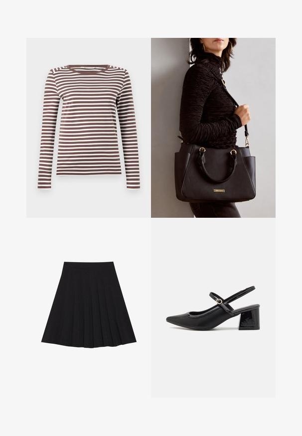 Hnědo-bílý pruhovaný dlouhý rukáv tričko s kulatým výstřihem a přiléhavým střihem. Měkká tkanina s hladkým povrchem.; Černá plisovaná sukně vyrobená z texturované látky s dobře padnoucím pasem. Délka sukně je ke kolenům a má hladký, jednoduchý siluetu.; Černé lakované lodičky s otevřenou patou, špičatou špičkou, zaobleným střihem a blokovým podpatkem. Zdobené akcentem v zlatém tónu.; Černá kabelka s texturovaným povrchem, dvojitými horními uchy a nastavitelným ramenním popruhem. Obsahuje zlaté kovové prvky a boční kapsy.