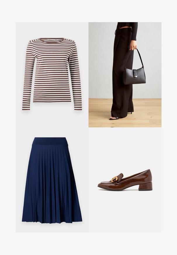 Barna és fehér csíkos, hosszú ujjú póló, lekerekített nyakkivágással és karcsú szabással. Puha anyag, sima textúrával.; Tengerészhadtest színű, széles derékbőséggel rendelkező, sima anyagból készült pliszírozott szoknya. Függőleges pliszék jellemzik, és térd alá ér.; Barna bőr loaferek fényes felülettel, dekoratív arany csattal az elején és alacsony blokk sarkával. Klasszikus dizájn.; Fekete kézi táska strukturált formával, sima textúrával és fémből készült záródással. Széles fekete nadrággal és nyitott orrú szandállal párosítva, fából készült padlón.