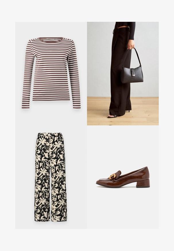 Brązowa i biała, w paski, long-sleeve t-shirt z okrągłym dekoltem i dopasowanym krojem. Miękka tkanina o gładkiej fakturze.; Czarne spodnie wide-leg z kremowym kwiatowym wzorem. Wykonane z lekkiego materiału, o gładkiej teksturze i wysokim staniku.; Brązowe skórzane loafersy o błyszczącym wykończeniu, z dekoracyjnym złotym zapięciem z przodu i niskim obcasem. Klasyczny design.; Czarna torebka o usztywnionym kształcie, gładkiej fakturze i metalowym zapięciem. Połączona z szerokimi czarnymi spodniami i sandałami na otwartym palcu na drewnianej podłodze.