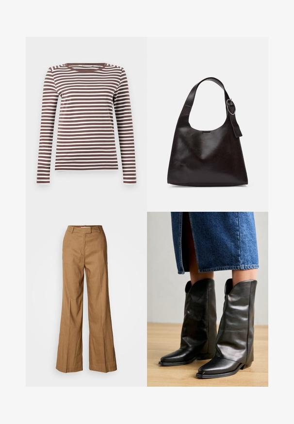 Brun og hvid stribet langærmet T-shirt med rund halsudskæring og en tætsiddende silhuet. Blødt stof med en glat tekstur.; Brune vide bukser lavet af letvægtsstof. Har flad front, bæltesløjfer og en skræddersyet silhuet med en ankellængde.; Pavement CALLISTA - Cowboy- / bikerstøvler - black; Brun læder skuldertaske med en glat tekstur, rund form, bred rem og cirkulært metalaccent på håndtaget.