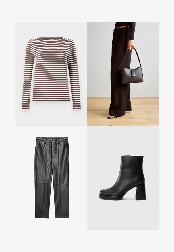 Brun og hvit stripete langermet T-skjorte med rund hals og en tettsittende silhuett. Myk stoff med en jevn tekstur.; Sorte lærbukser med en glat tekstur, der har en lige pasform, to forlommer og synlige sømdetaljer.; Sorte skinnankelsko med blokkhæl og plattformsåle, sett fra siden på en enkel hvit bakgrunn.; Svart håndveske med strukturert form, jevn tekstur og metallisk lås. Kombinert med brede svarte bukser og sandaler med åpen tå på tregulv.