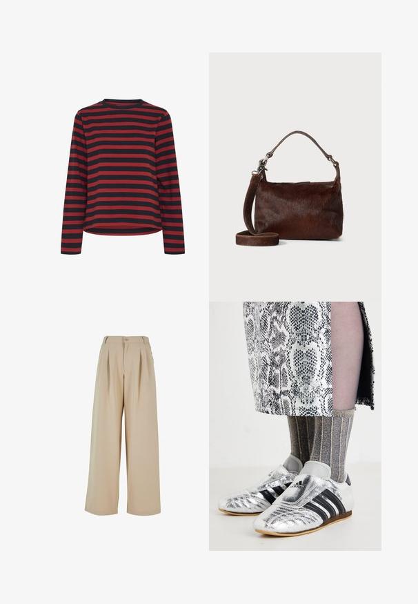 Langarmshirt in Schwarz und roten Streifen, runder Halsausschnitt, Baumwollstoff, lockere Passform, mit geradem Saum und Seitennähten.; Beige weit geschnittene Hosen mit gefaltetem Vorderteil, Knopfverschluss und glatter Textur. Verfügt über einen taillierten Bund und seitliche Taschen.; Silberne Fußballschuhe mit schwarzen Streifen und einem eleganten Design, kombiniert mit strukturierten grauen und goldenen gerippten Socken sowie einem gemusterten Rock.; Braune Handtasche aus Leder mit einer weichen, strukturierten, fellartigen Außenseite, schlankem Design, einem kurzen Griff und einem abnehmbaren Schultergurt.