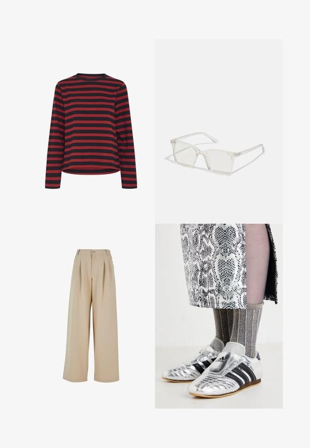 Pitkähihaisessa paidassa on musta ja punainen raidoitus, pyöreä kaula-aukko, puuvillakangasta, rento istuvuus, suora helma ja sivusaumat.; Harmaat leveälahkeiset housut, joissa on poimutettu etuosa, nappikiinnitys ja sileä pinta. Mukana muotoiltu vyötärö ja sivutaskut.; Hopeapohjaiset jalkapallokengät mustilla raidoilla ja tyylikkäällä muotoilulla, yhdistettynä teksturoituihin harmaisiin ja kultaisiin ribbisiin sekä kuviolliseen hameeseen.; Selkeä muovinen neliönmuotoinen kehyslasit, joissa on läpinäkyvät linssit ja kultaset mäntäraudat lisäämään yksityiskohtia.; Ruskea nahkalaukku, jossa on pehmeä, teksturoitu karvanomainen pinta, hoikka muotoilu, lyhyt kahva ja irrotettava hihna.