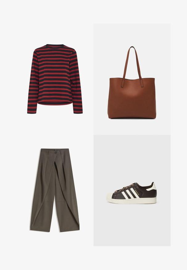 Majica s dolgimi rokavi v črno-rdečih črtah, okroglim izrezom, iz bombažne tkanine, ohlapnega kroja, z ravnim robom in stranskimi šivi.; Široke hlače iz teksturiranega temno sive tkanine. Imajo sprednji zarezan, gumb za zapiranje in stranske žepe za praktičnost.; Nizki adidas Superstar copat iz temno rjavega usnja s kremasto školjkasto konico, belimi črtami in napisom "Superstar" na strani.; Rjava usnjena torba z gladko teksturo, odprto zasnovo zgoraj in dvema naramnima trakovoma. Opremljena je z minimalnim šivanjem in brez vidnih kovinskih delov.