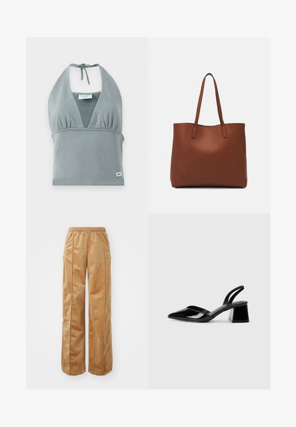 Top cropped com hals de corda em cinza suave, feito de tecido macio, com busto franzido, detalhes em malha e uma pequena etiqueta com logotipo na barra.; Calças largas em tom bege feitas de um material suave e aveludado. Apresentam uma cintura elástica e costuras verticais na frente para um detalhe adicional.; Sandy em verniz preto com salto slingback, ponta afilada e salto geométrico. Apresenta um design elegante e minimalista com textura suave.; Bolsa tote de couro castanho com uma textura suave, design de abertura superior e duas alças para o ombro. Apresenta costura mínima e sem hardware visível.