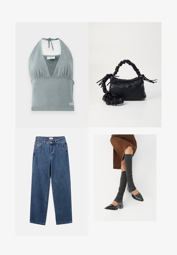Halter neck crop top in muted gray, made of soft fabric, featuring a gathered bust, mesh detailing, and a small logo tag at the hem.; Classic blue denim jeans with a straight-leg design, five pockets, and a button closure. Features a medium wash and sturdy texture.; Black patent leather pointed-toe shoes with a block heel and ankle strap, paired with gray ribbed leg warmers and a brown suede skirt.; Black faux leather handbag with a crocodile texture, cinched top, and a scrunched strap. Appears soft and compact in design.