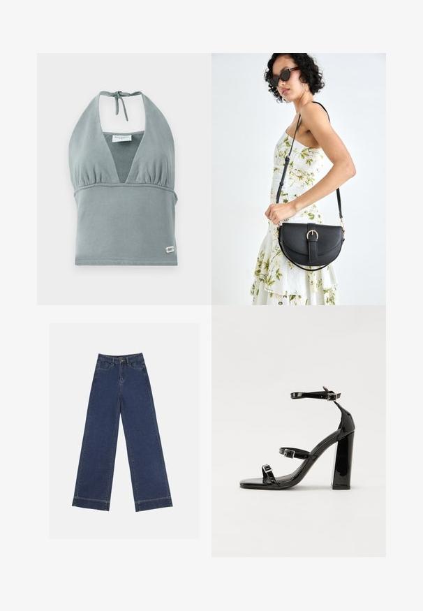 Halter neck crop top in muted gray, made of soft fabric, featuring a gathered bust, mesh detailing, and a small logo tag at the hem.; Wide-leg jeans in dark blue denim. Features five pockets, belt loops, and a raw hem at the bottom with visible stitching details.; Black patent heeled sandals with a square toe, ankle straps, and silver buckles. Features a chunky block heel for stability.; Black leather handbag with a curved shape, detachable strap, and gold hardware. The bag features a flap with a buckle detail.