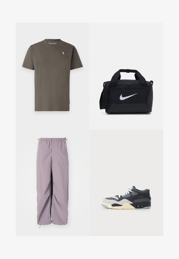 Olivgrünes Baumwoll-T-Shirt mit Rundhalsausschnitt, kurzen Ärmeln und einem kleinen blau-weißen Vogel, der auf der Brust gestickt ist.; Hellblaue Windbreaker-Hosen mit einem elastischen Taillenbund, seitlichen Reißverschlüssen und Kordelzügen am Saum; hergestellt aus leichtem, wasserabweisendem Material.; Sneaker mit einem Obermaterial aus gemischten Materialien in Grau und Marineblau, gepolstertem Schuhsohle, weißen Schnürsenkeln und einem blauen Akzentlogo an der Ferse.; Schwarze Duffel-Tasche aus glattem Stoff, mit zwei Reißverschlussfächern, gepolsterten Griffen und einem großen weißen Nike-Logo auf der Vorderseite.