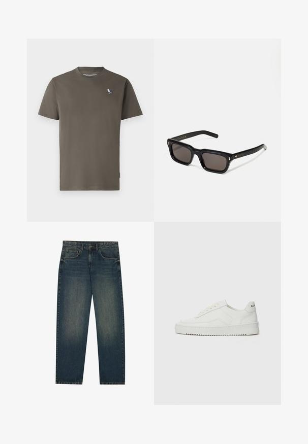 Oliven grønn bomulls t-skjorte med rund hals, korte ermer og en liten blå og hvit fugl brodert på brystet.; Mørkeblå denimjeans med rett snitt, fem lommer og en svak falmet tekstur på beina. Passer til hverdagsbruk.; Hvite lærersneakers med en jevn overflate, rund tå, flate lisser og en teksturert såle. Har en subtil logo på hælen.; Sorte rektangulære solbriller med mørke linser, tykk plastikkramme, gullaccenter på skulderpartiet og merkevarelogo gravert på armen.