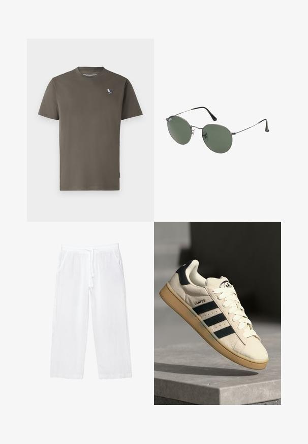 Tricou din bumbac de culoare verde măslin, cu gât rotund, mâneci scurte și o mică pasăre brodată în albastru și alb pe piept.; Pantaloni scurți din in alb, cu talie elastică, șnur și două buzunare laterale. Textură netedă și design ușor pentru confort.; Adidași din suede bej cu trei dungi albastre închise, șireturi albe și o talpă din cauciuc bej. Prezintă un logo pe limba pantofului și textul "CAMPUS".; Ochelari de soare cu ramă metalică, dotati cu lentile ovale verzi. Ramă subțire din metal argintiu și ușițe negre. Design minimalist, fără logo-uri vizibile.